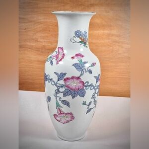 Vintage Chinese Vase Cute Oriental Pink Morning Glory Flowers & Butterflies 11”